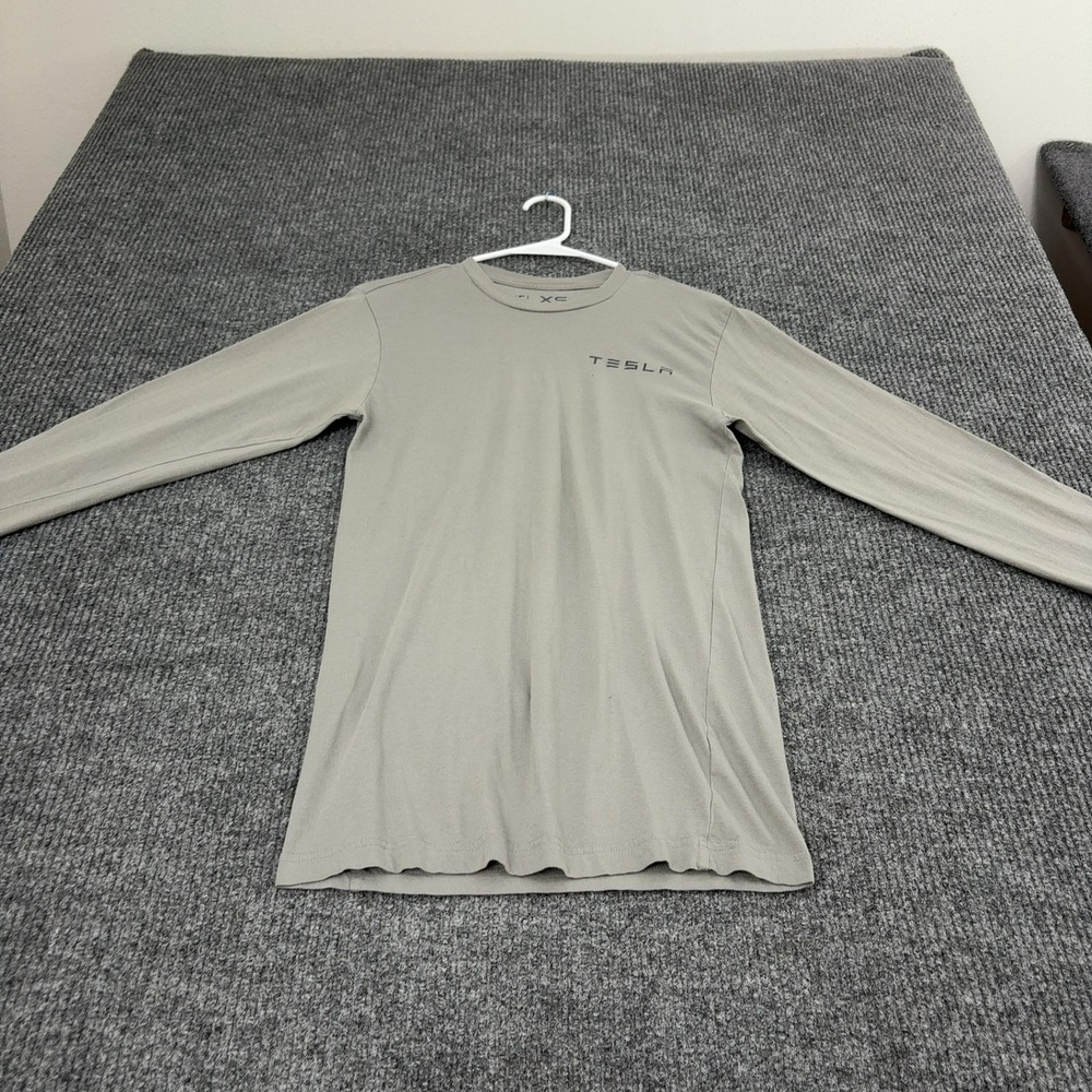 Tesla Shirt Mens XS Gray Cotton Long Sleeve Logo Crew Neck Casual Tech Style